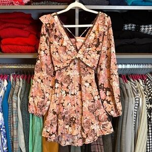 Lush pink/brown floral long sleeve cut out/adjustable strap mini dress size S